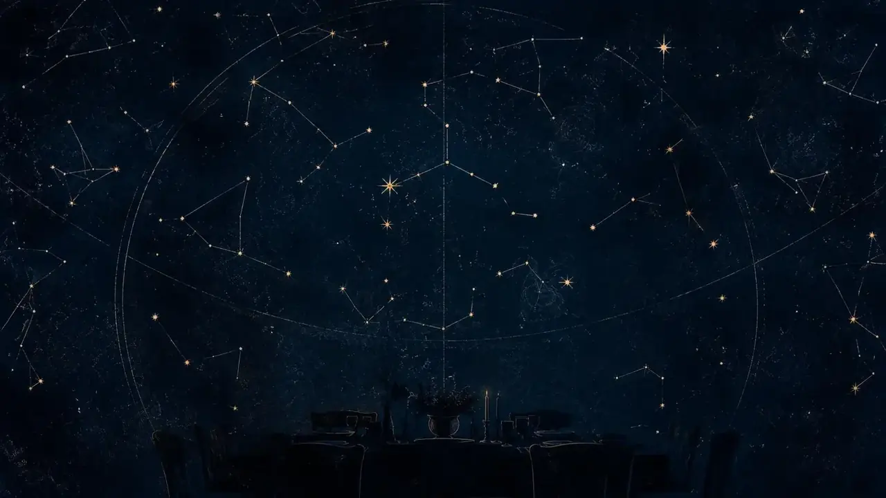 51短剧手机版星光热榜栏目视觉：银线星座图与餐桌剪影