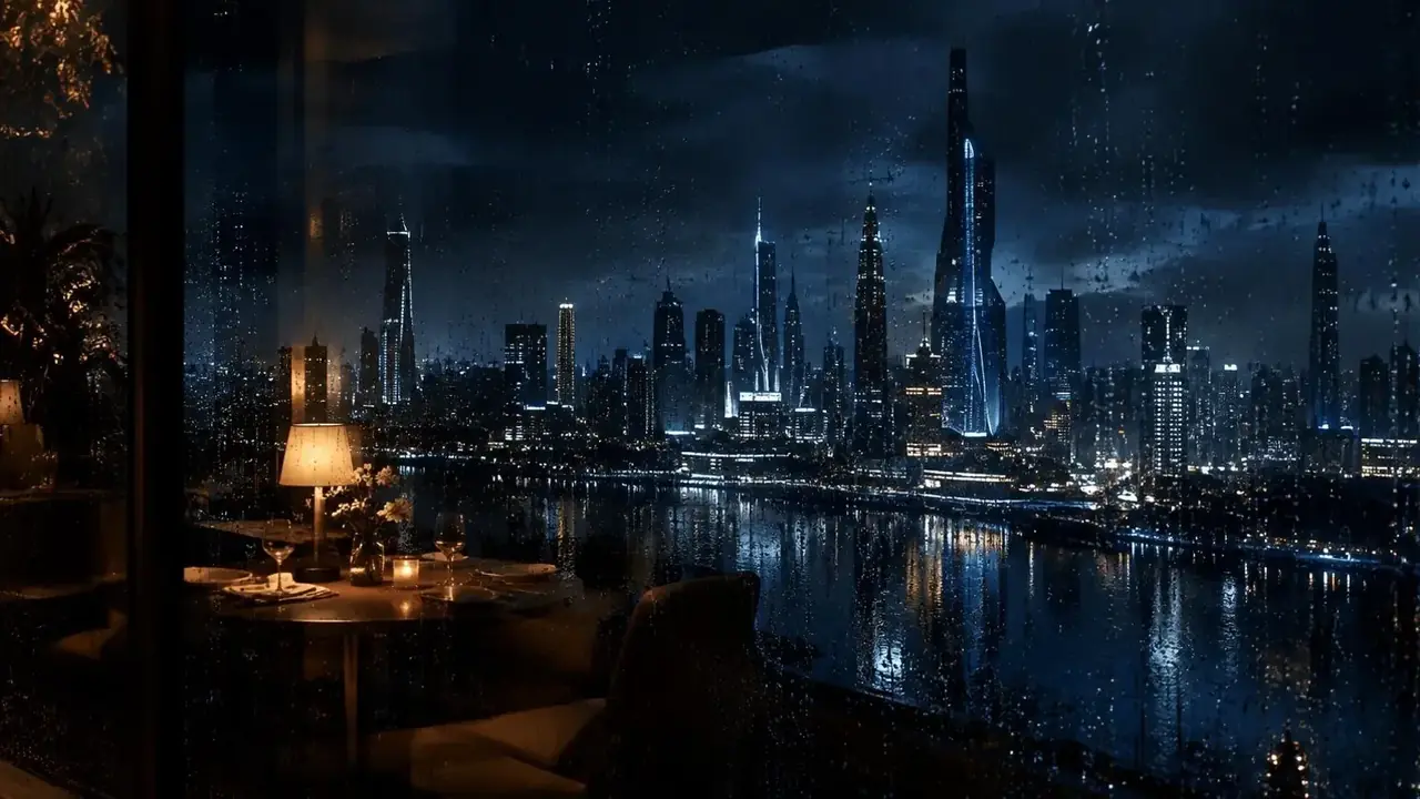 51短剧手机版未来故事栏目视觉：雨夜窗外的未来城市与餐桌倒影