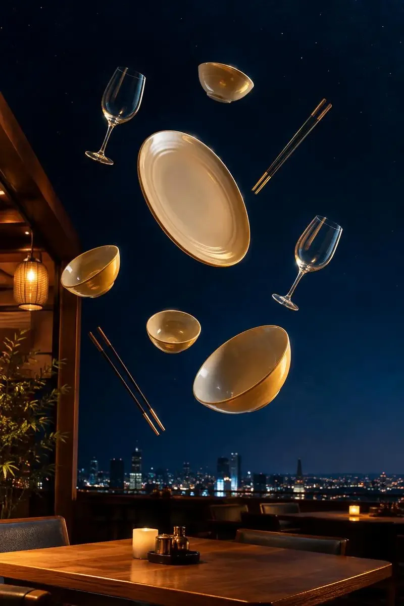 《失重晚餐俱乐部》封面剧照，星际餐桌题材，在引力失效的城市里，他们只想好好吃一顿饭