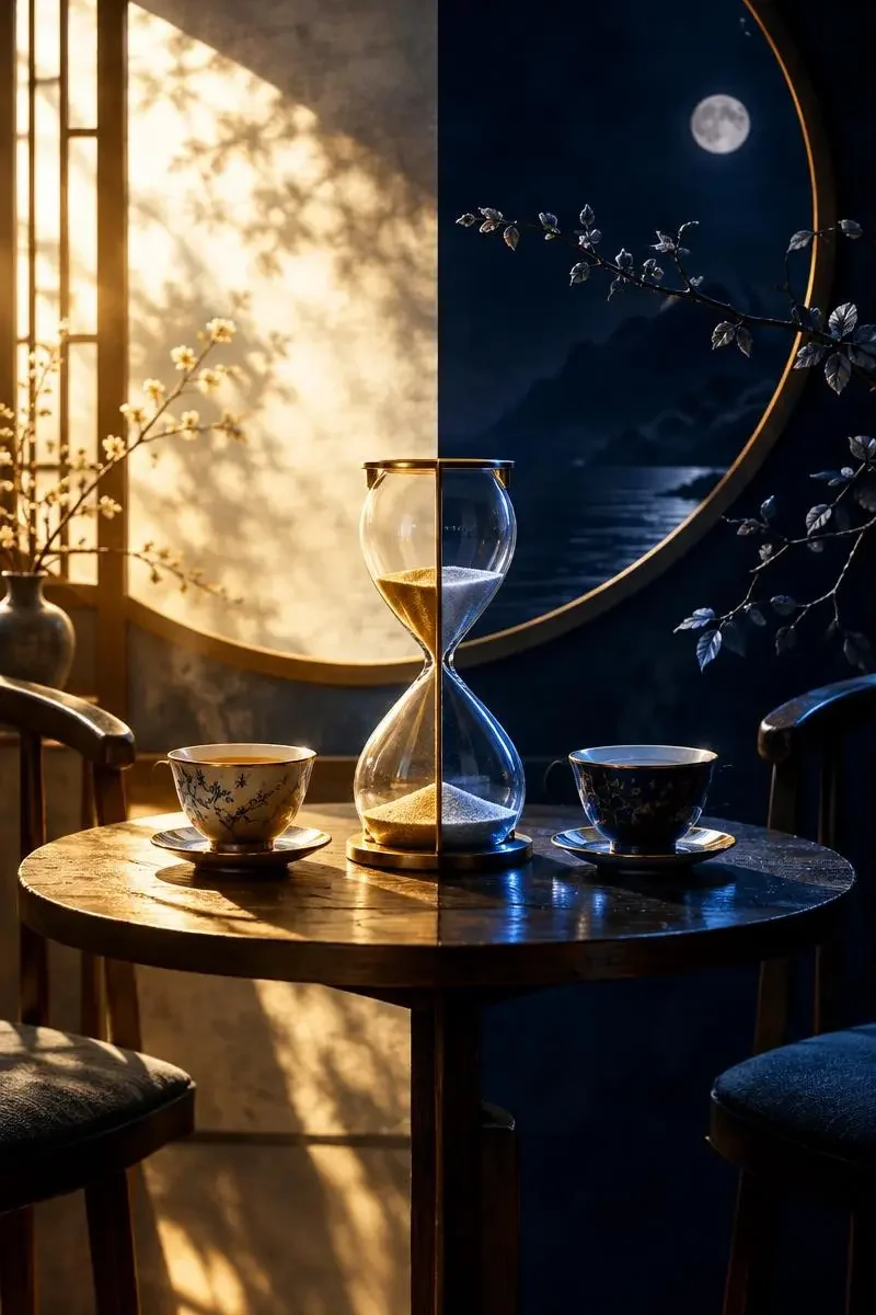 《双生下午茶》封面剧照，城市科幻题材，同一座城市，两个下午，只隔一张桌子